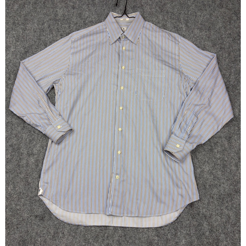 Peter Millar Mens Large Blue Brown Striped Long Sleeve Cotton Button Down Shirt